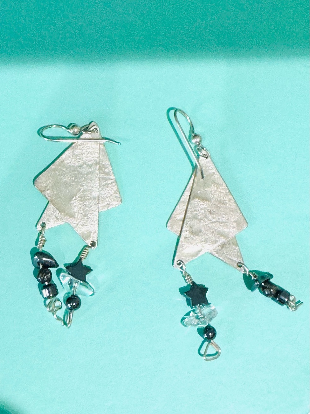Sterling Silver Geometric Drop Earrings with Black Bead Accents